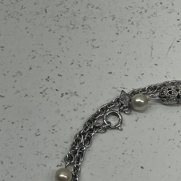 VTG Sarah Coventry Filigree Lady Silver Tone Faux Pearl Necklace 44” Long Chain - Picture 9 of 10